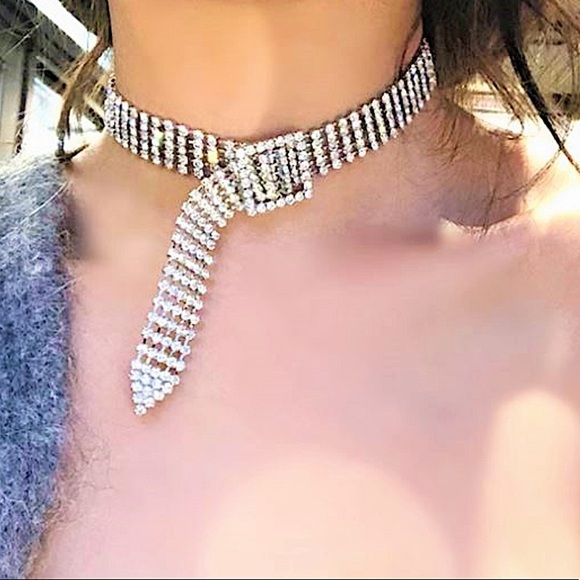 Silver Belt Buckle Crystal Rhinestone Choker - Picture 3 of 14